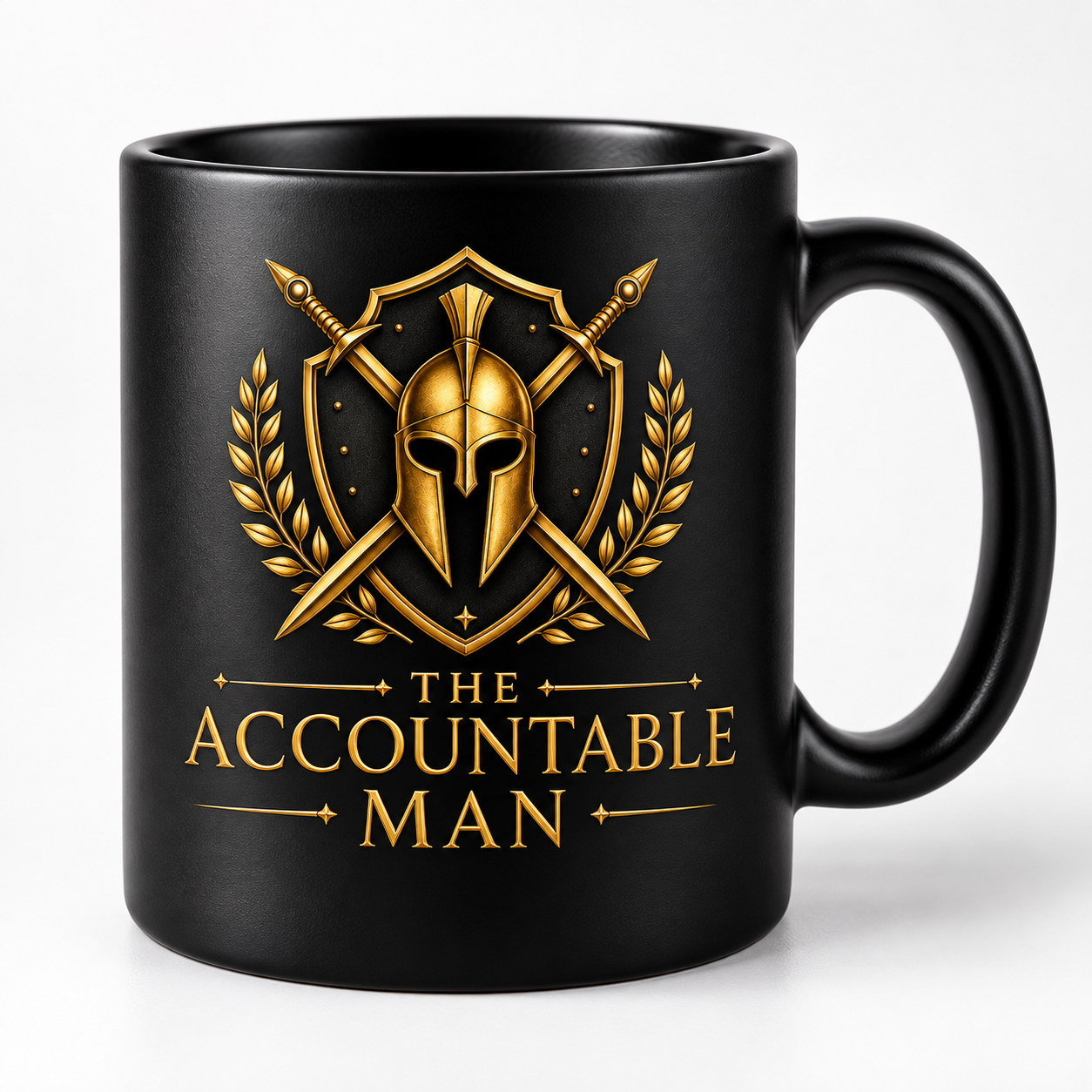 The Accountable Man mug — black with gold warrior helmet design