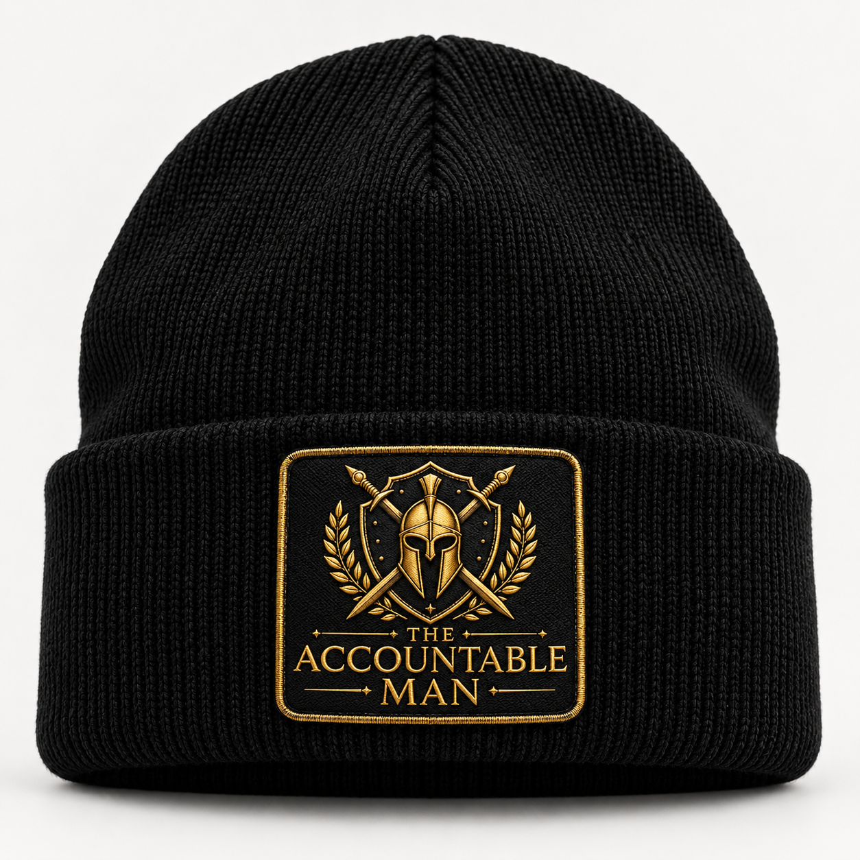 The Accountable Man ribbed beanie — black with gold emblem patch