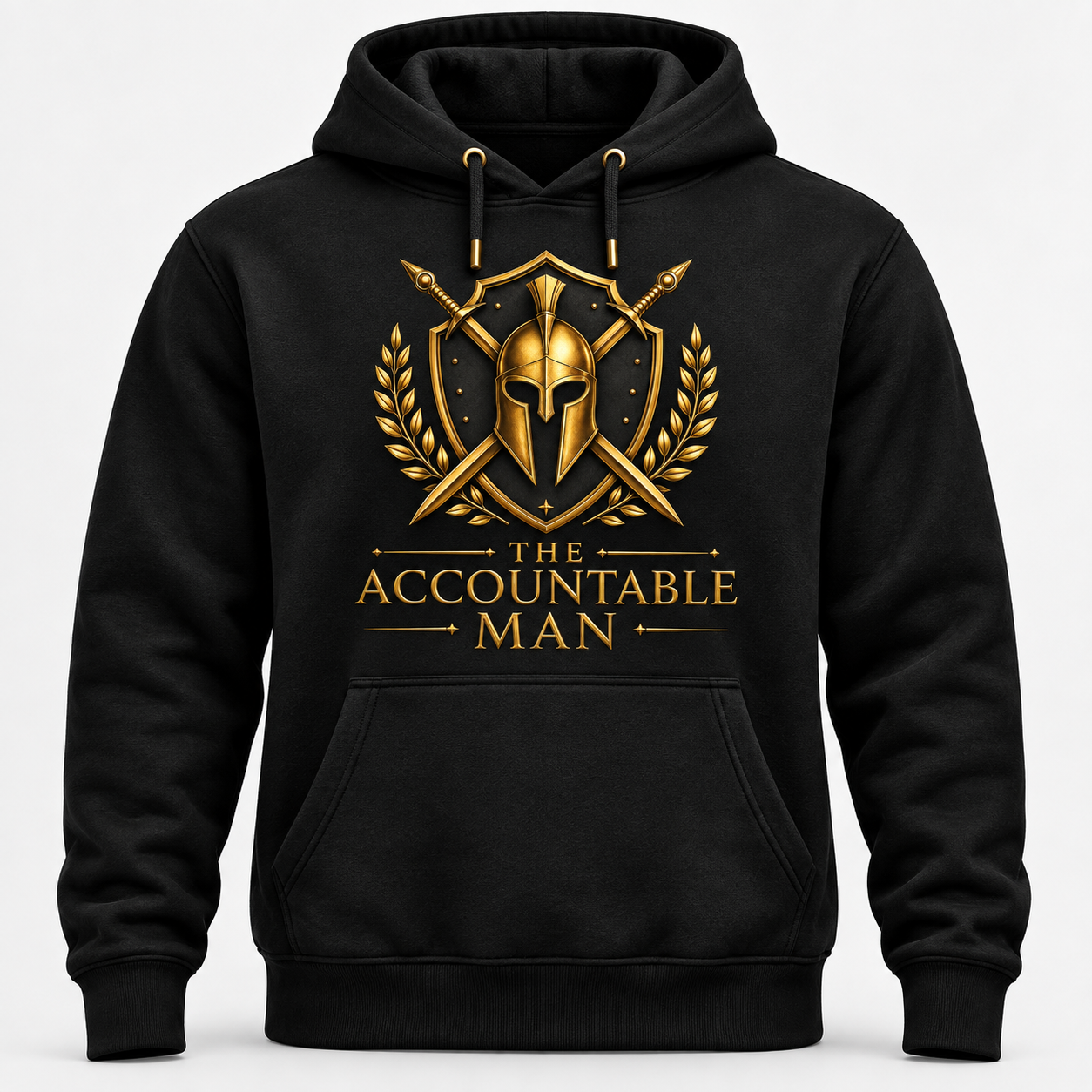 The Accountable Man pullover hoodie — black with gold warrior shield