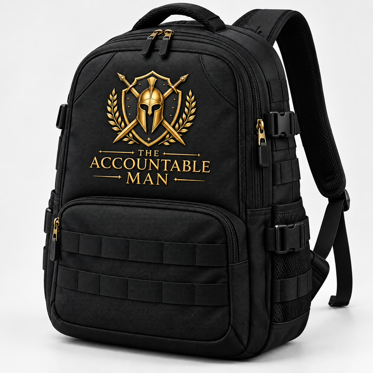 The Accountable Man backpack — black with gold logo emblem