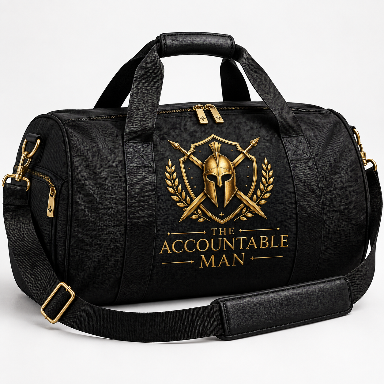 The Accountable Man duffel bag — black with gold warrior emblem