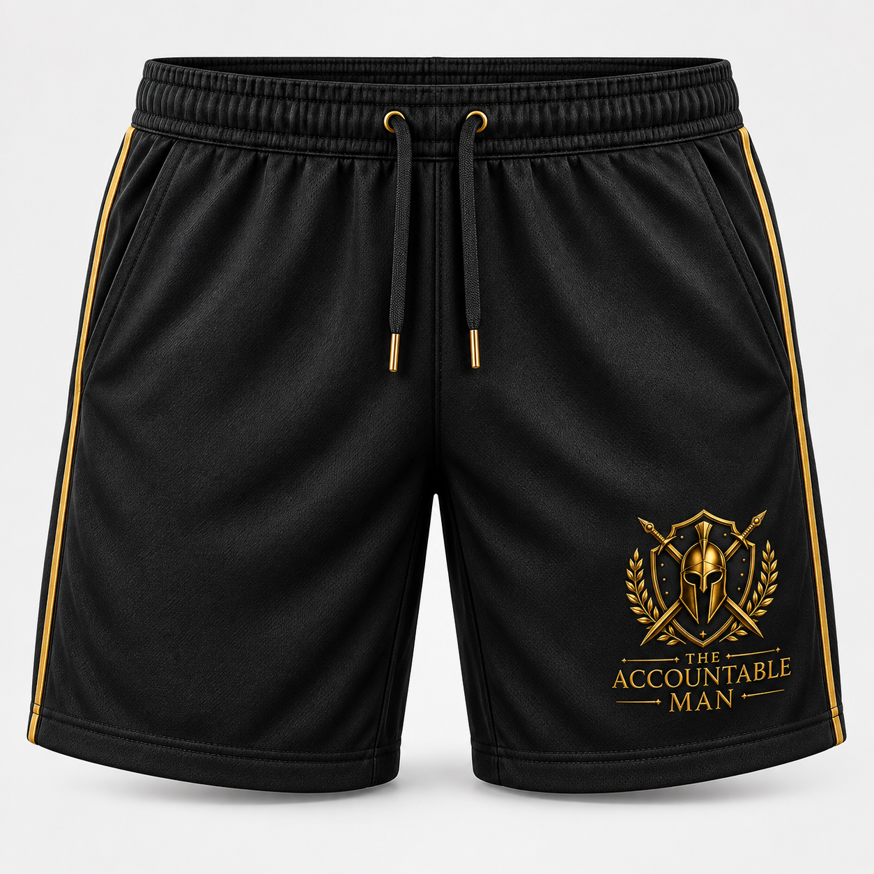 The Accountable Man command shorts — black with gold stripe and crest