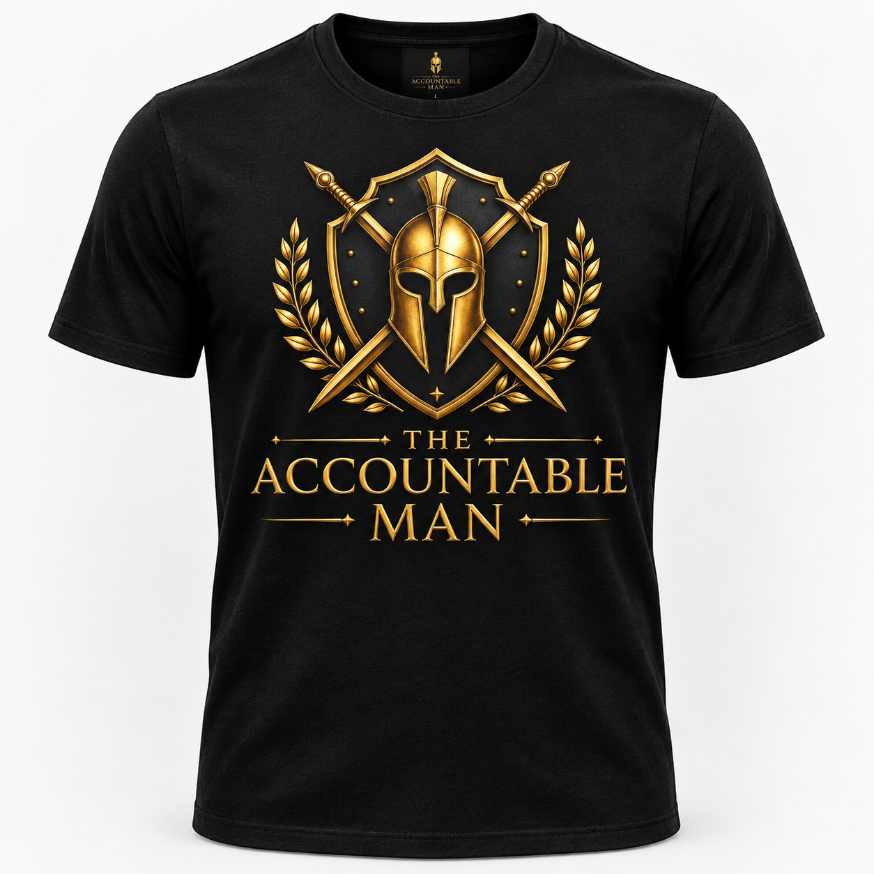 The Accountable Man classic tee — black with gold warrior helmet shield
