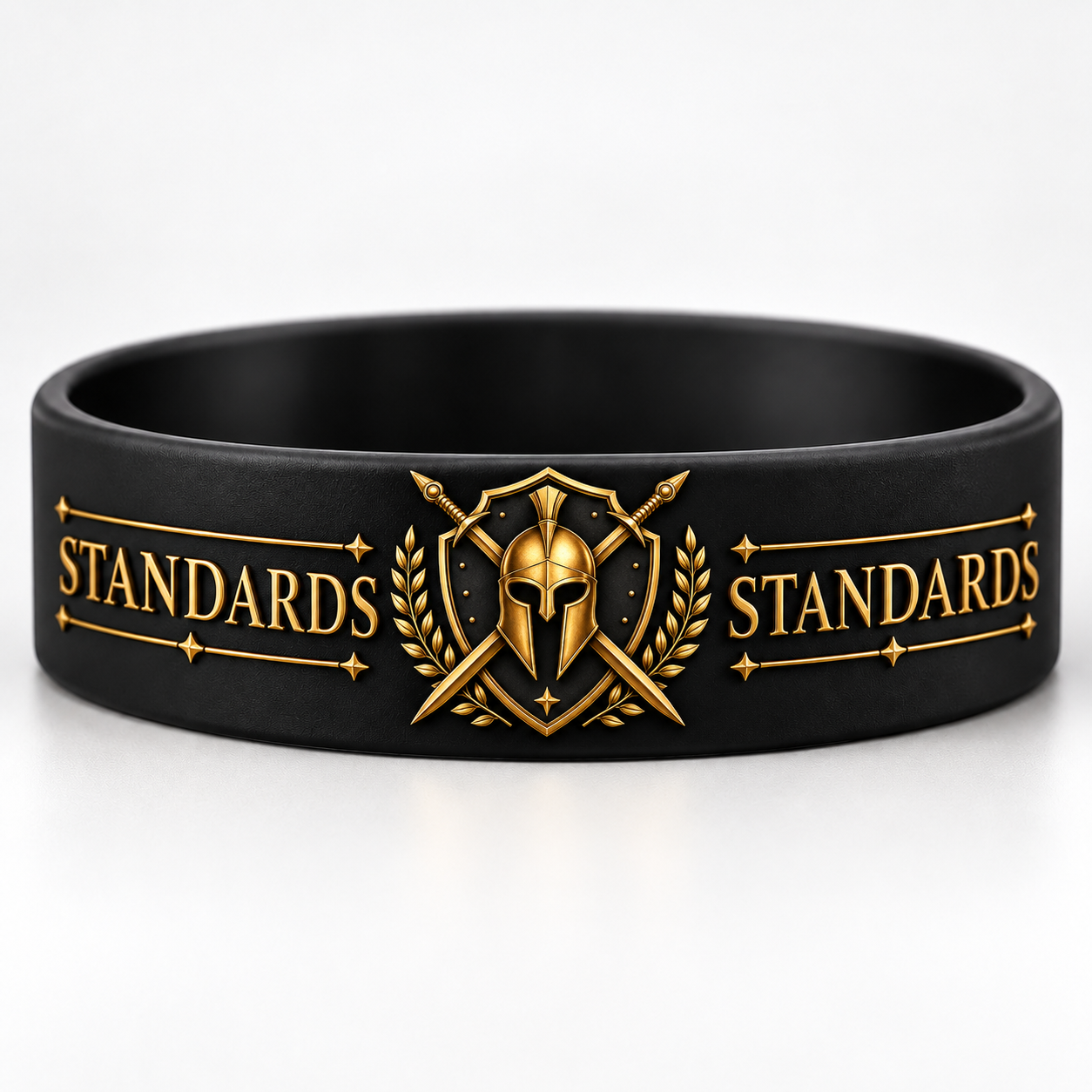 TAM Standards bracelet — black silicone with gold warrior crest