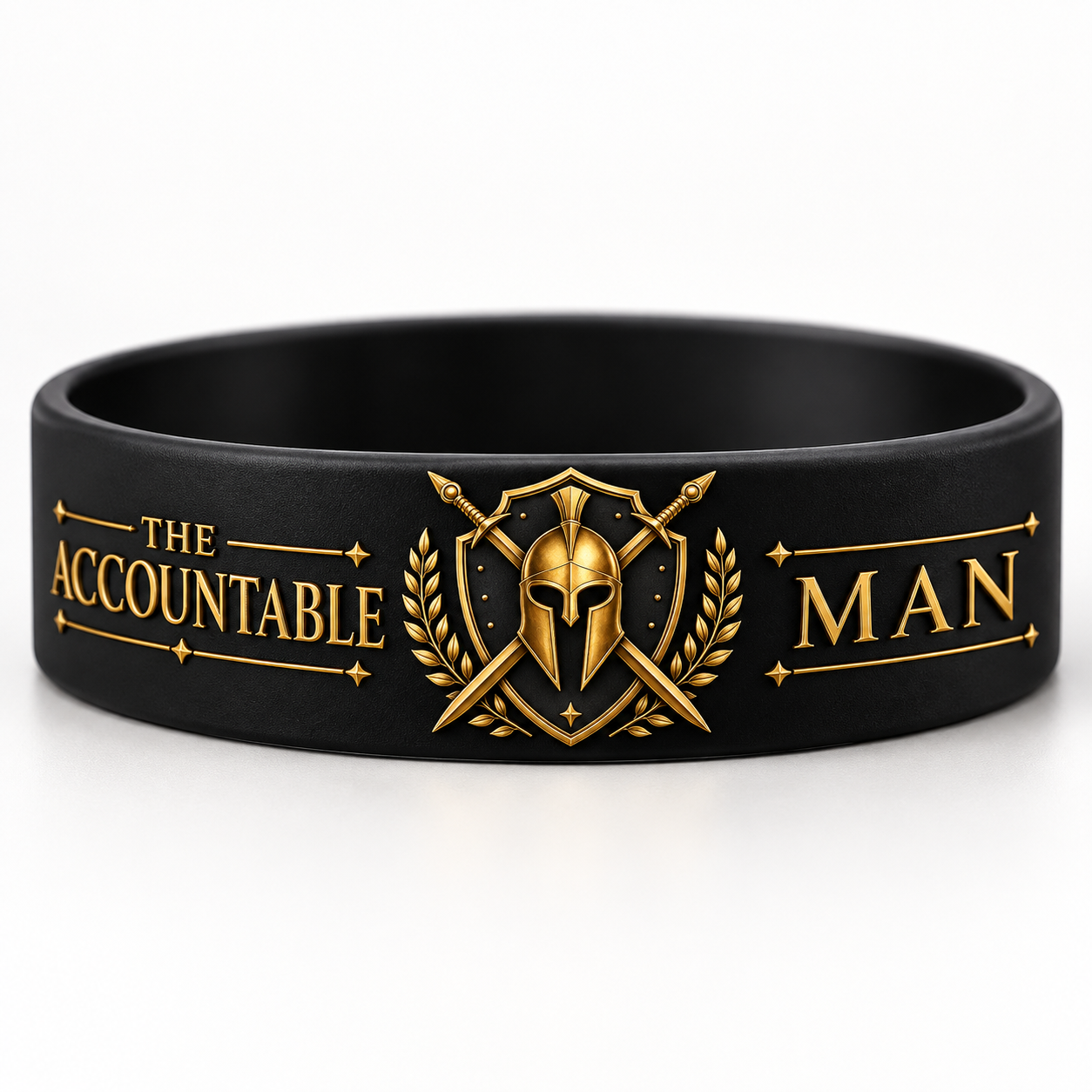 The Accountable Man signature bracelet — black silicone with full TAM crest